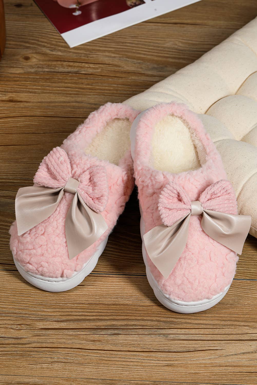 Little Daisy Closet - Wholesale Slippers - Women's - LDC Contrast Bowknot Applique Plush Winter Slippers6