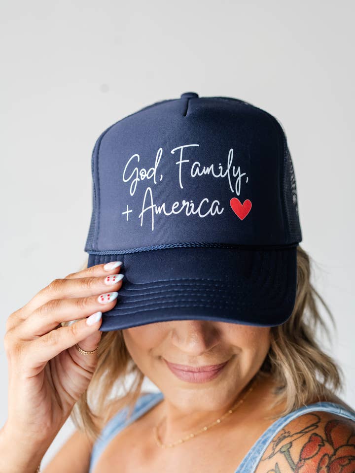 God, Family, + America 4th Of July Trucker Hat for wholesale by DENVERCO.