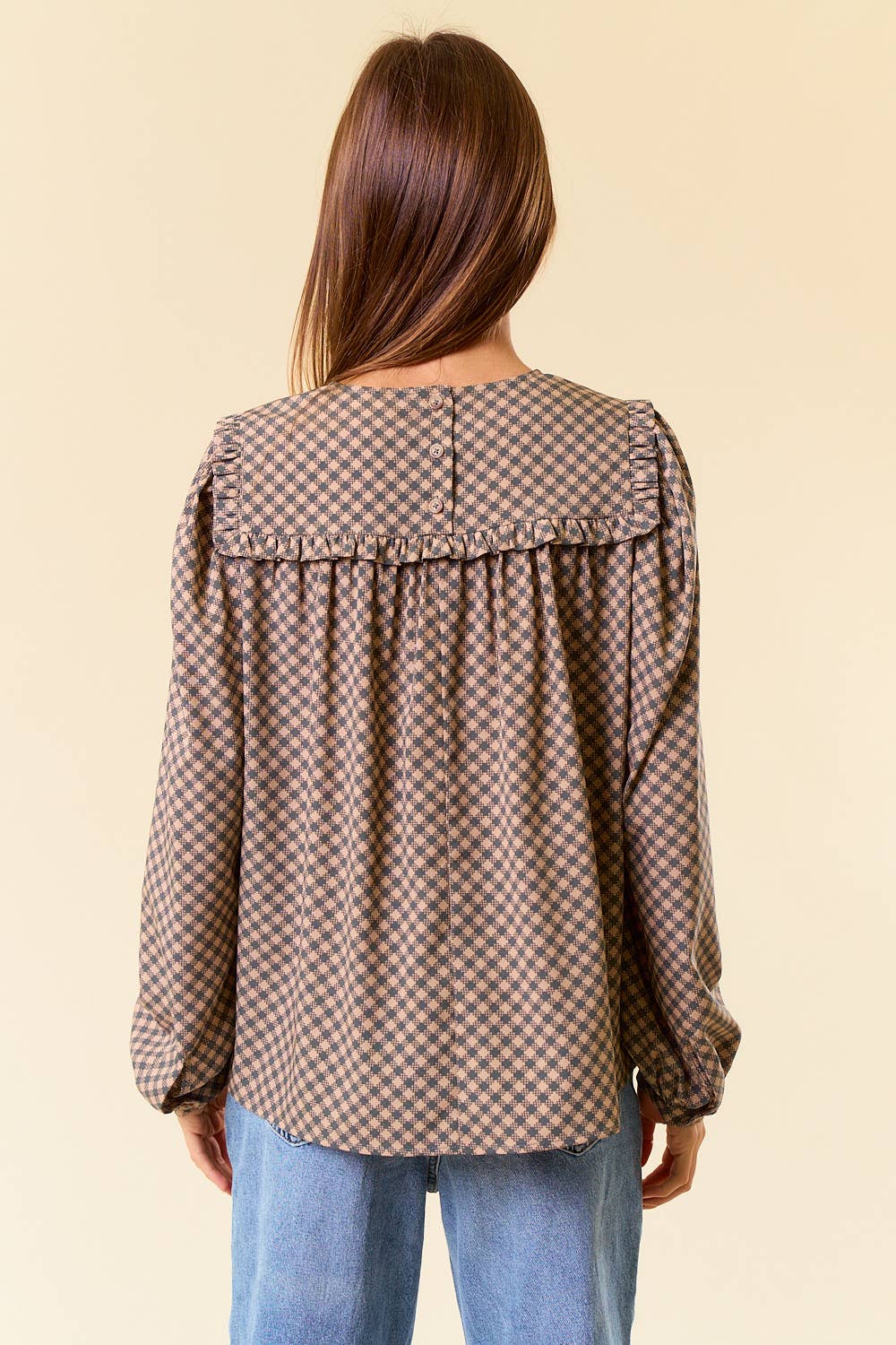 Black Round Neck Puff Long Sleeve Plaid Blouse - 44650T for wholesale on Faire3