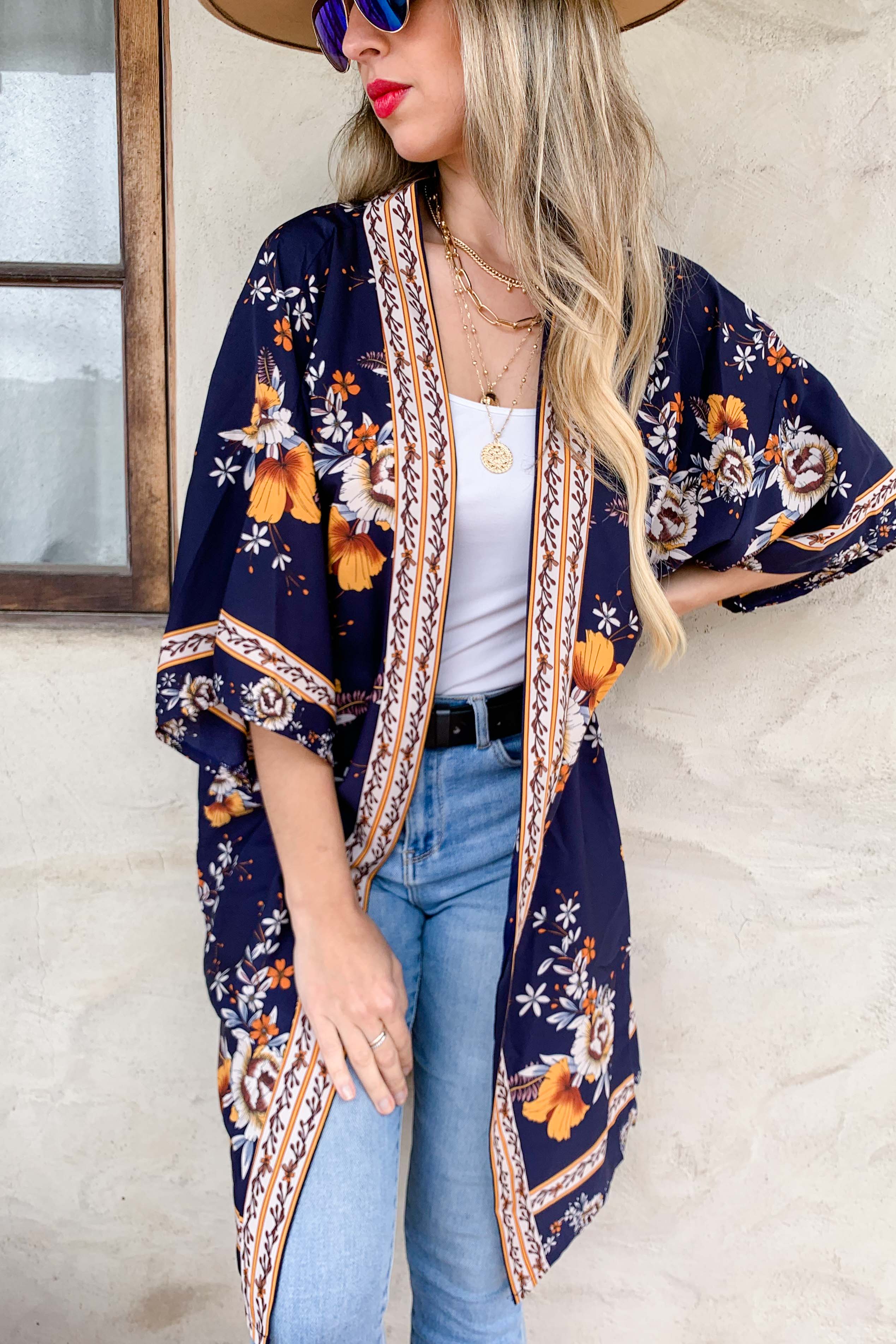 Navy Floral Border Printed Kimono Cover Up for wholesale on Faire4