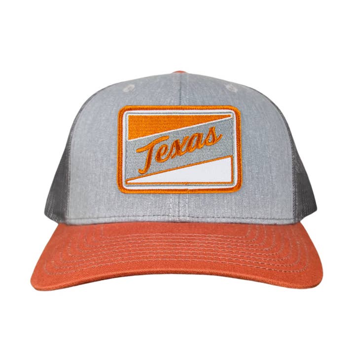 Texas Longhorns Retro Texas Script Square Patch / Curved Bill Mesh Snapback / 151 / UT9112 for wholesale by Last Stand Hats, LLC