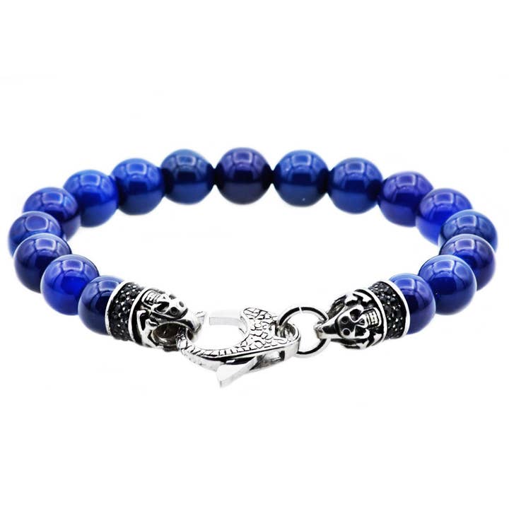 Mens Genuine Blue Agate Beaded Bracelet for wholesale by Blackjack Mens Jewelry