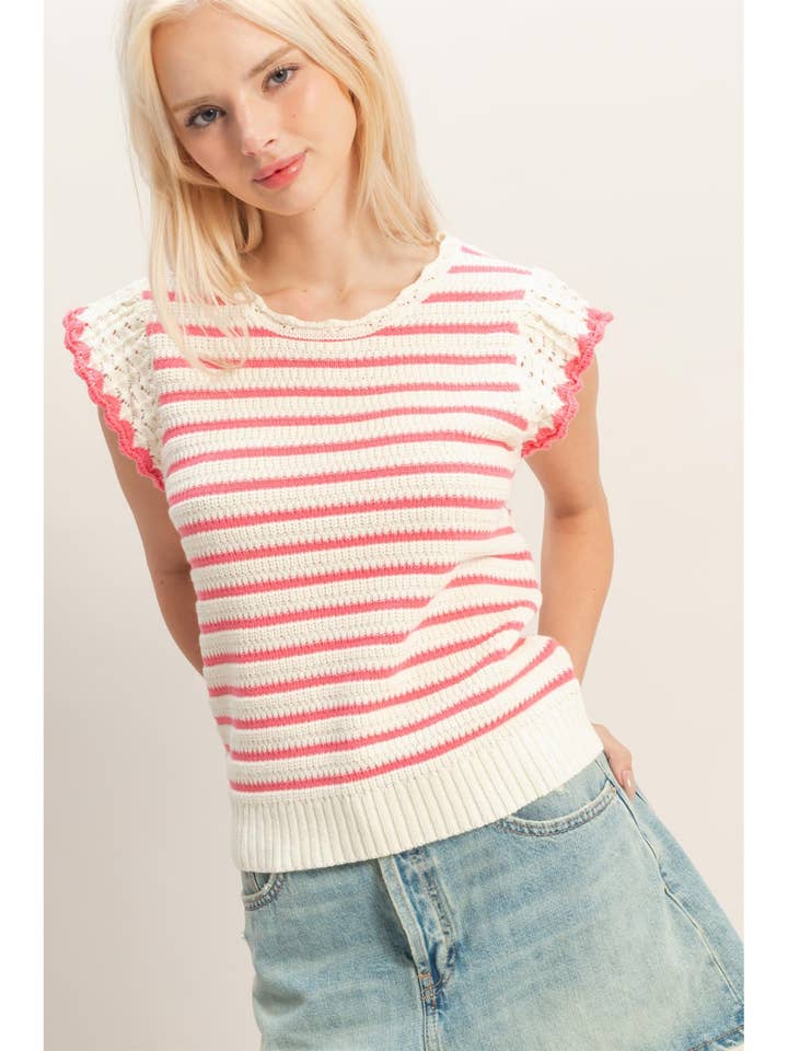 Scalloped Striped Ruffle Sleeve Top for wholesale by HYFVE