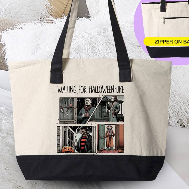 Waiting For Halloween Like - Horror Movies Canvas Tote for wholesale by House Of Rodan