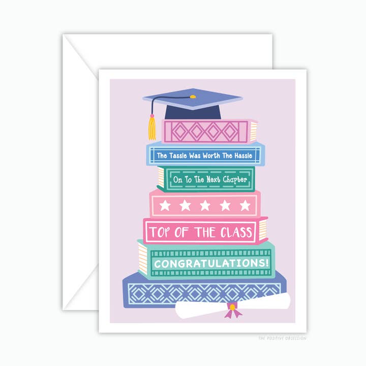 Book Stack Graduation Greeting Card, Book Lover Graduate for wholesale by Purple Ink Paperie