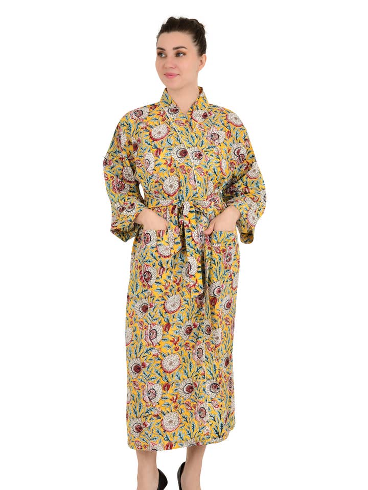 Boho House Robe Indian Handblock Printed Cotton Kimono Dress for wholesale by The Eastern Loom