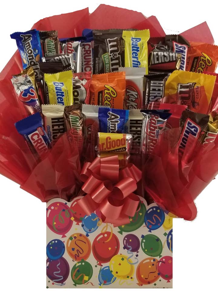 Chocolate Candy Bouquet in Celebrate box (Large-36 pc candy) for wholesale by So Sweet of You