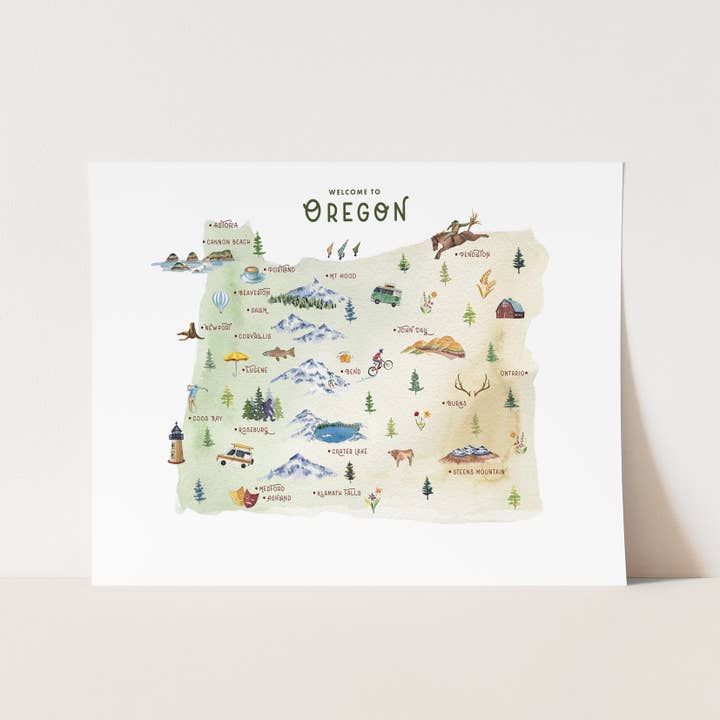 Oregon State Karta Konsttryck | Illustrerad PNW Väggdekoration för wholesale av Watercolor Wednesday