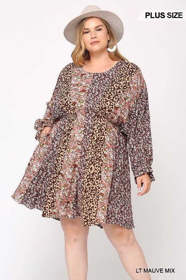CC Wholesale Clothing - Wholesale Dress - Women's - Plus Size Print Mixed Dolman Sleeve Dress With Side Pockets