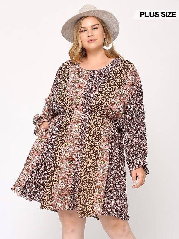 CC Wholesale Clothing - Wholesale Dress - Women's - Plus Size Print Mixed Dolman Sleeve Dress With Side Pockets0