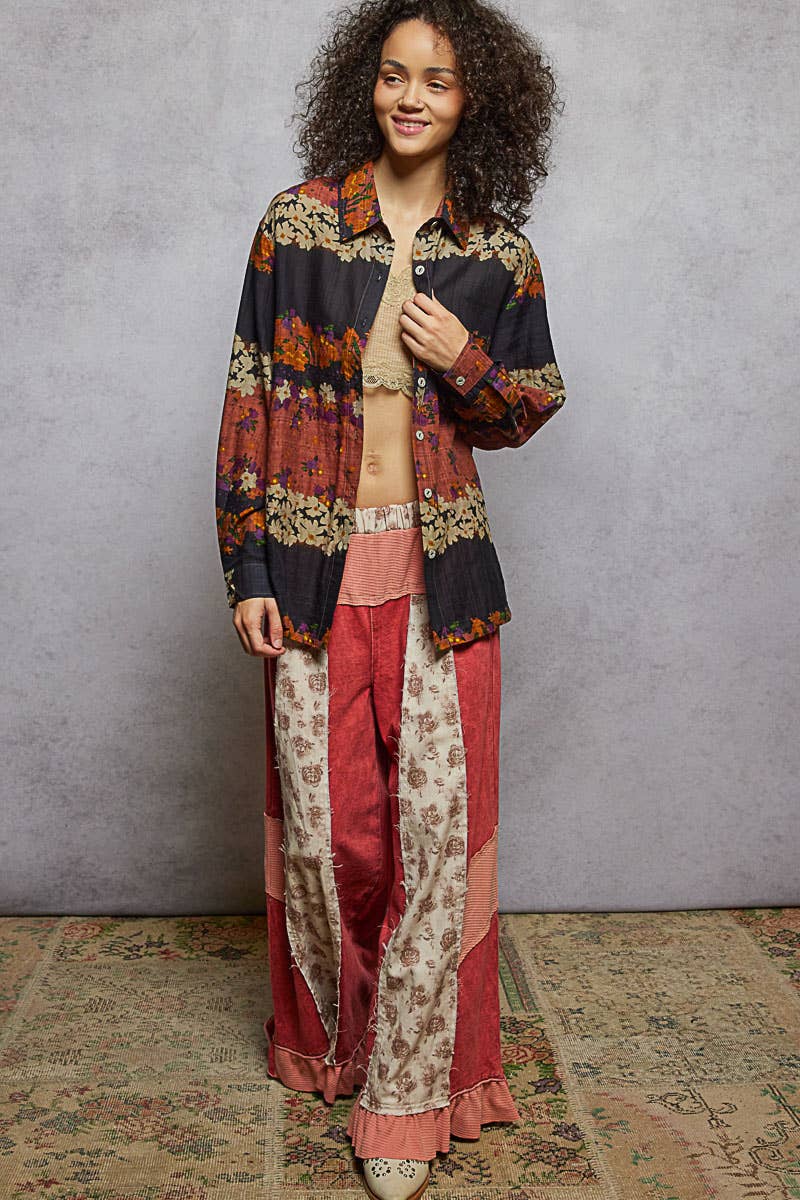 Pol Clothing - Vente Chemise à col boutonné – femme - Haut chemise tissé à manches longues imprimé floral23