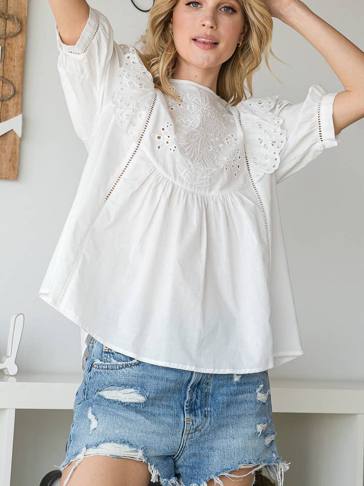 Floral Embroidery Ruffle Detail 100%Cotton Blouse TopVT31025 for wholesale by Vine & Love