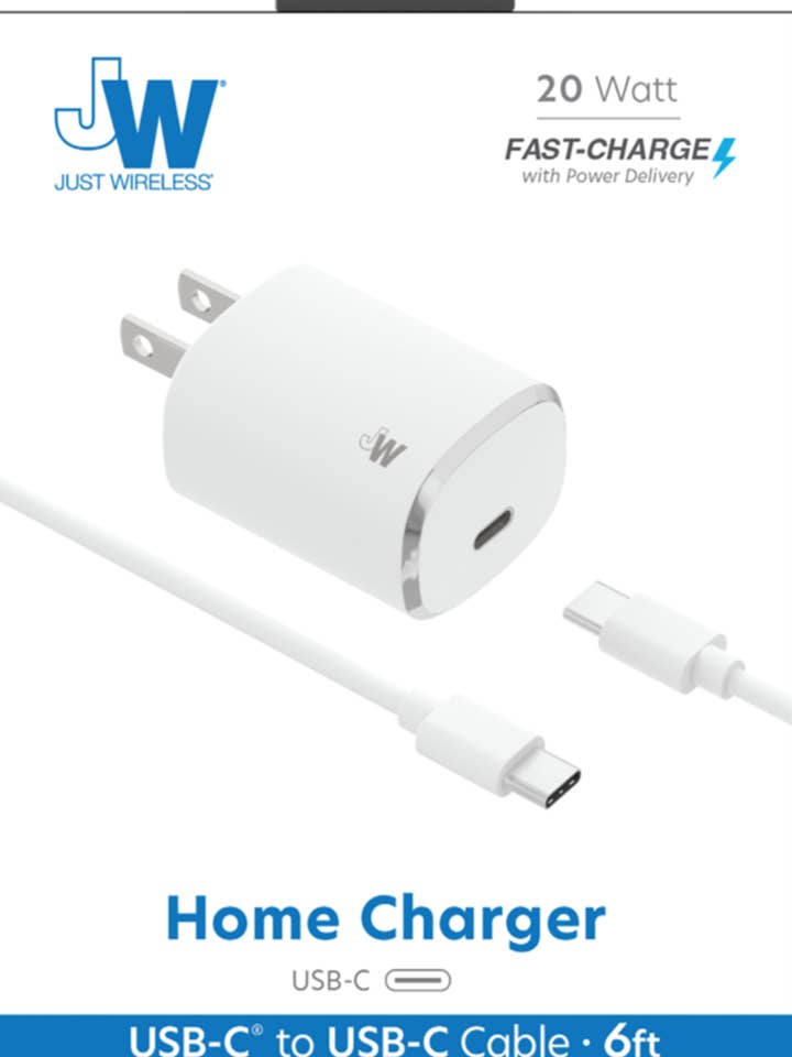JustWireless 20W Home Charger with 6ft USB-C to USB-C PD for wholesale by M&S Distributions Corp