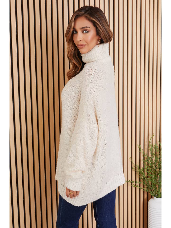 Ivory LONG SLEEVE TURTLE NECK OVERSIZED BOUCLE SWEATER(800864-IVO) for wholesale on Faire1