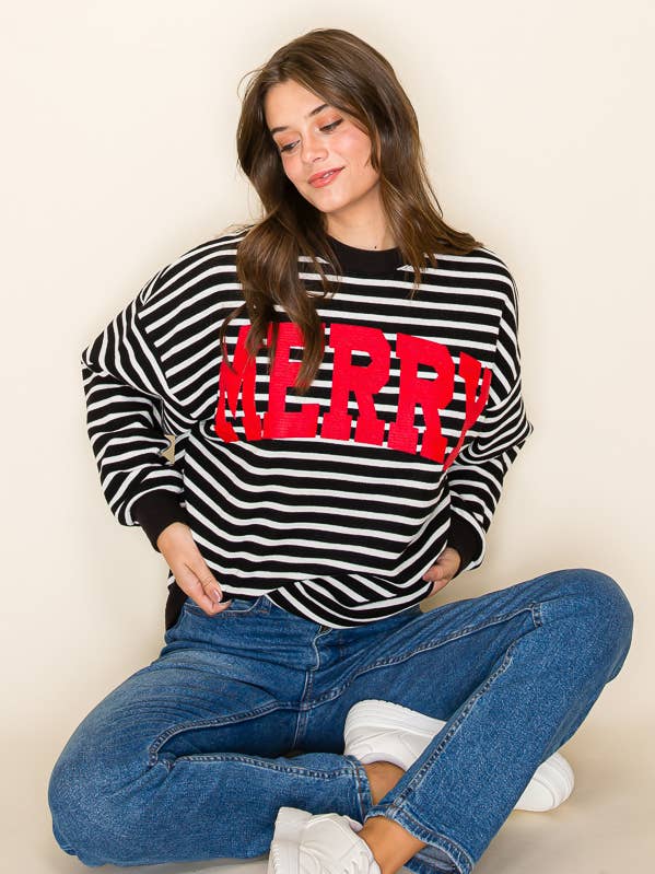 Tres Bien, Inc - Wholesale T-Shirt (Graphic) - Women's - "MERRY" STRIPE L/S GRAPHIC SWEATSHIRT