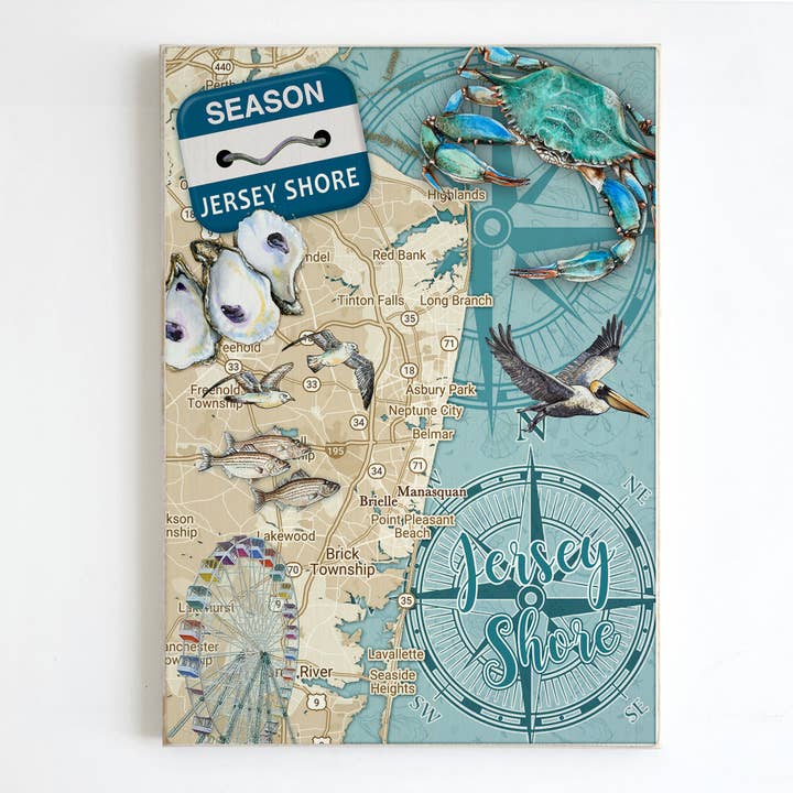 Jersey Shore, NJ Ocean Life 11x16 Wood Plank Map for wholesale by Map Mom