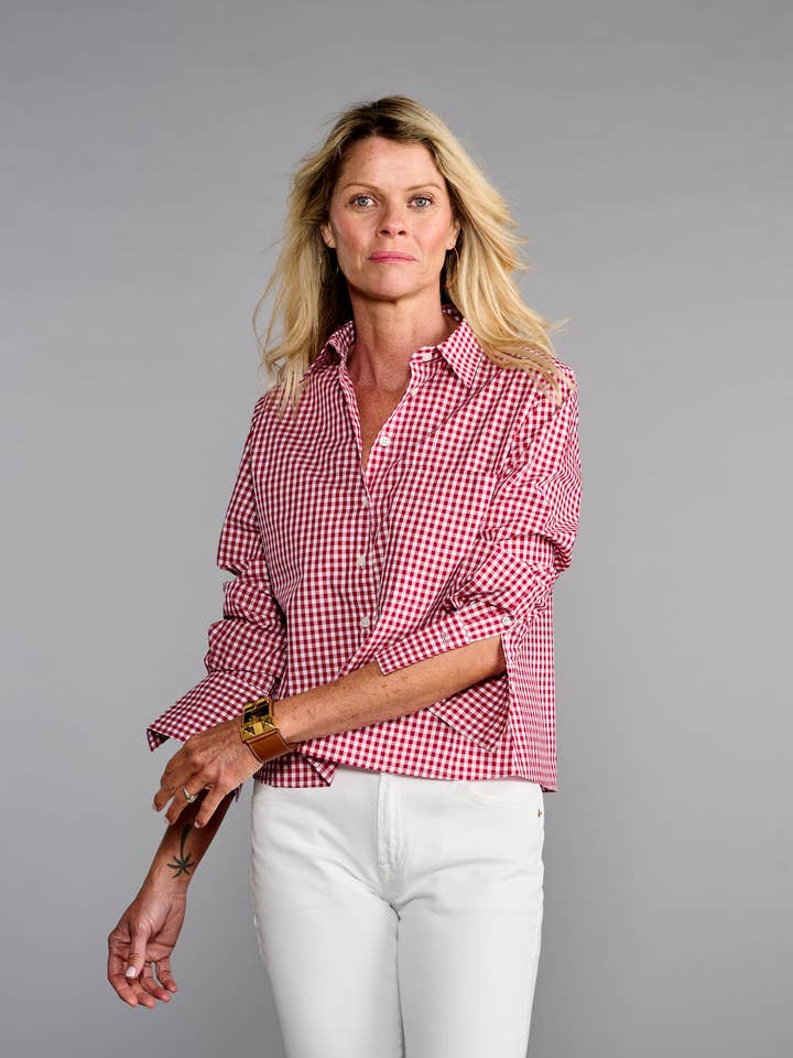 The Crop Shirt in Cranberry Check for wholesale by Claridge + King