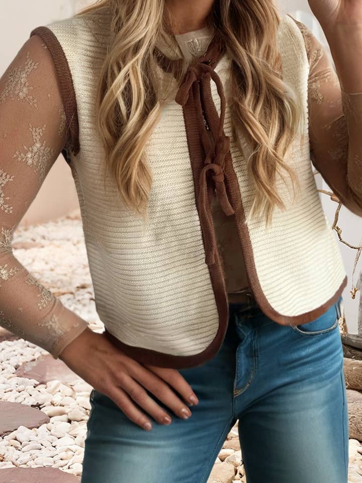 LDC Horizontal Ribbed Knit Contrast Trim Ties Front Sweater for wholesale by Little Daisy Closet