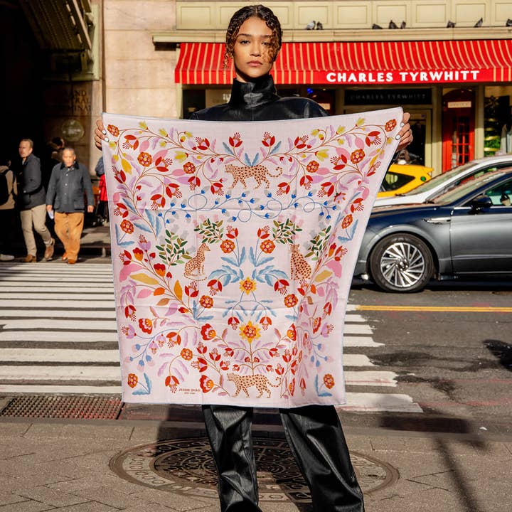 Jessie Zhao New York – wholesale Scarf – Women's – Double Sided Wool Silk Scarf Of Pink Blossom Jungle2