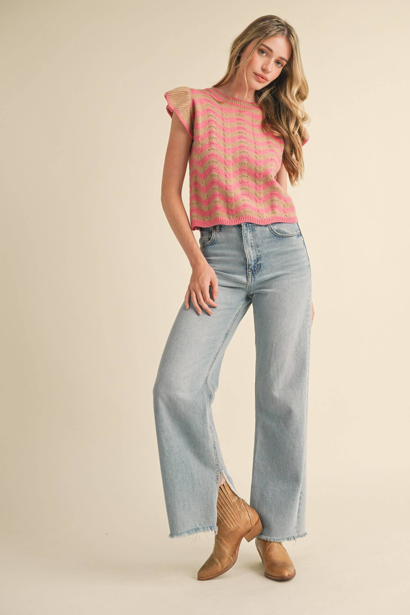 &MERCI - Wholesale Knit Sweater - Women's - WAVY STRIPES FLUTTER SLEEVE SWEATER TOP MSW1050965