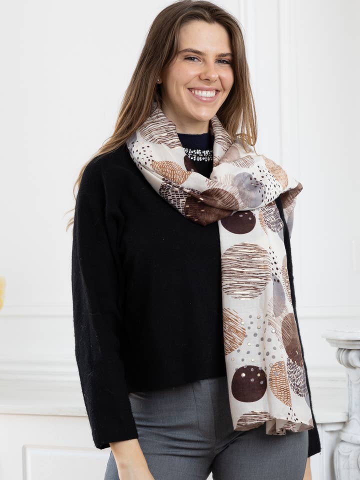 HH-278 Scarf with round pattern print and gold detailing for wholesale by LINETA