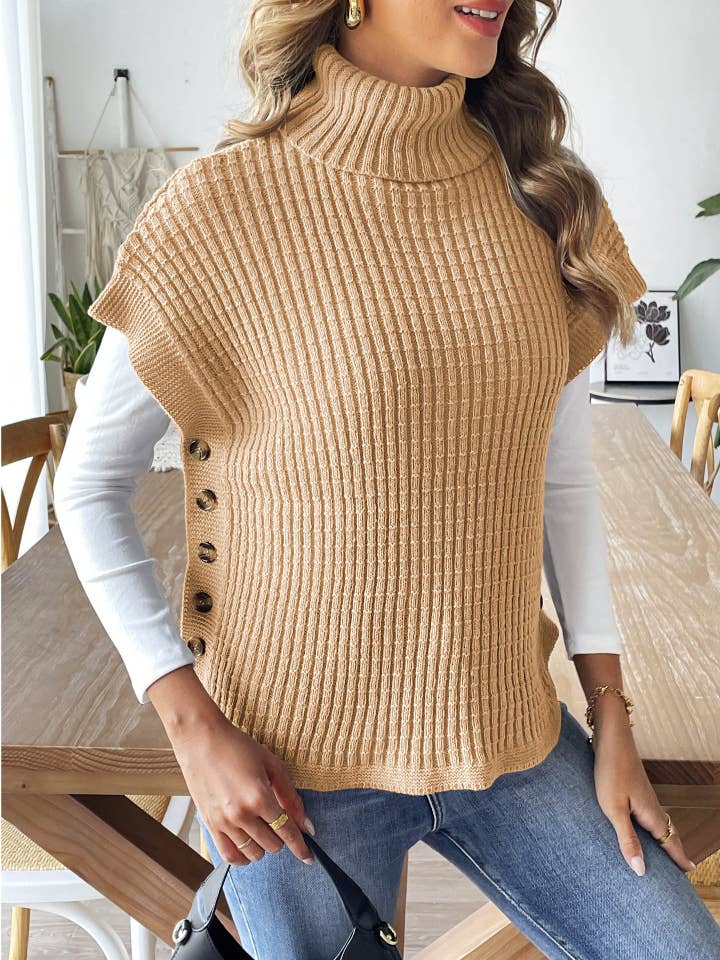 Button Detail Turtleneck Pullover Sweater Vest for wholesale by Tickled Teal