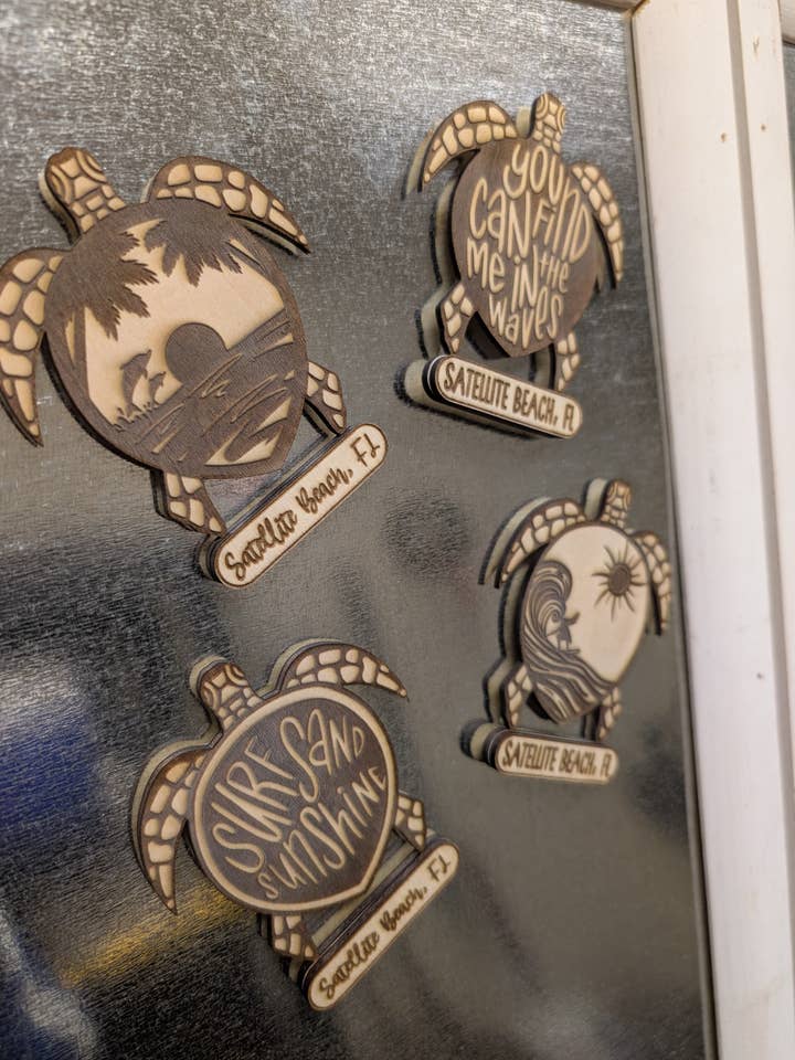 Beachy themed wooden turtle magnets - made in the USA! for wholesale by Orion Laser Creations