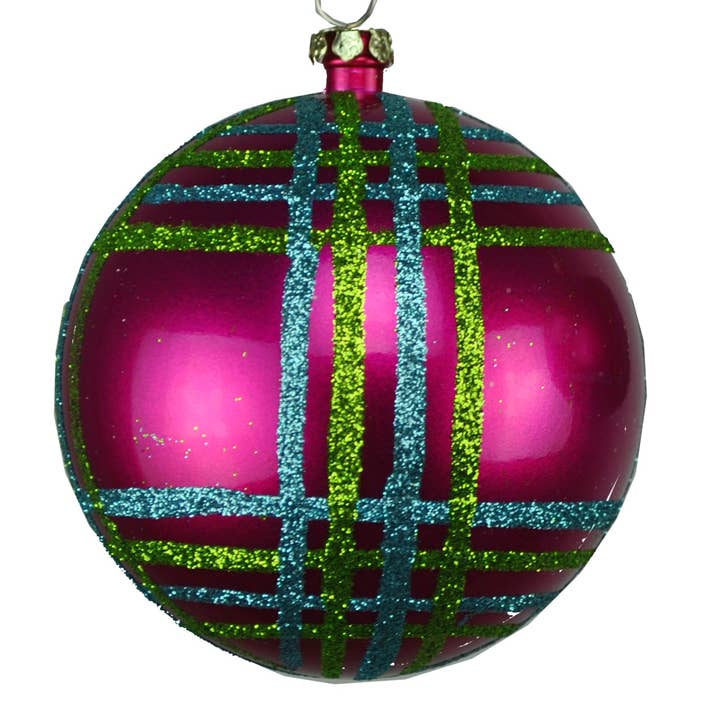 Winterland Inc. - Wholesale Ornament Set - 4 Pack of Hot Pink, Lime Green, and Teal Striped Ball Ornaments with Glitter Enhancements0