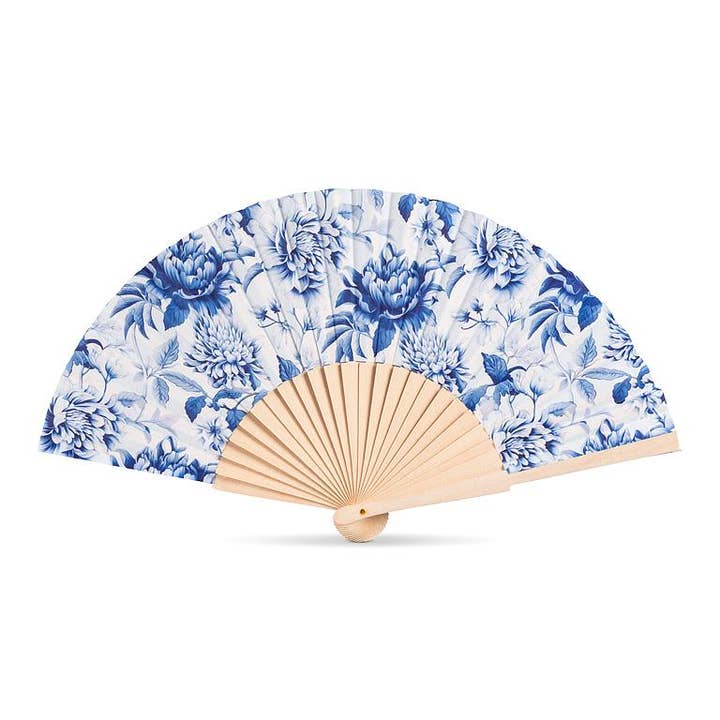 Chintz Print Hand Fan-Blue & White-16"W for wholesale by Abbott