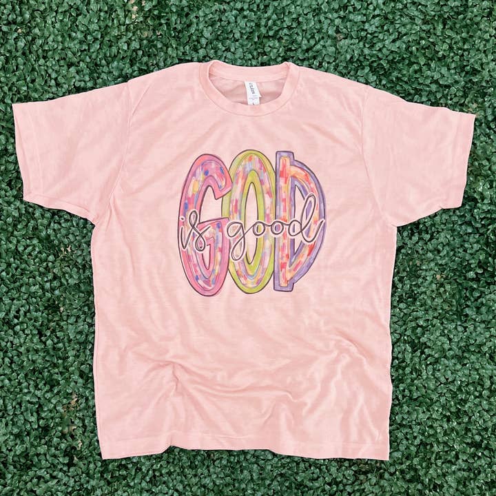 God is Good Messy Paint on Heather Peach Tee for wholesale by RMN Wholesale