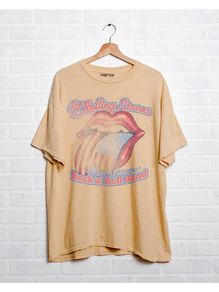 LivyLu - Wholesale Screen Printed T-Shirt - Unisex - Rollings Stones World's Greatest Band Yellow Thrifted Tee