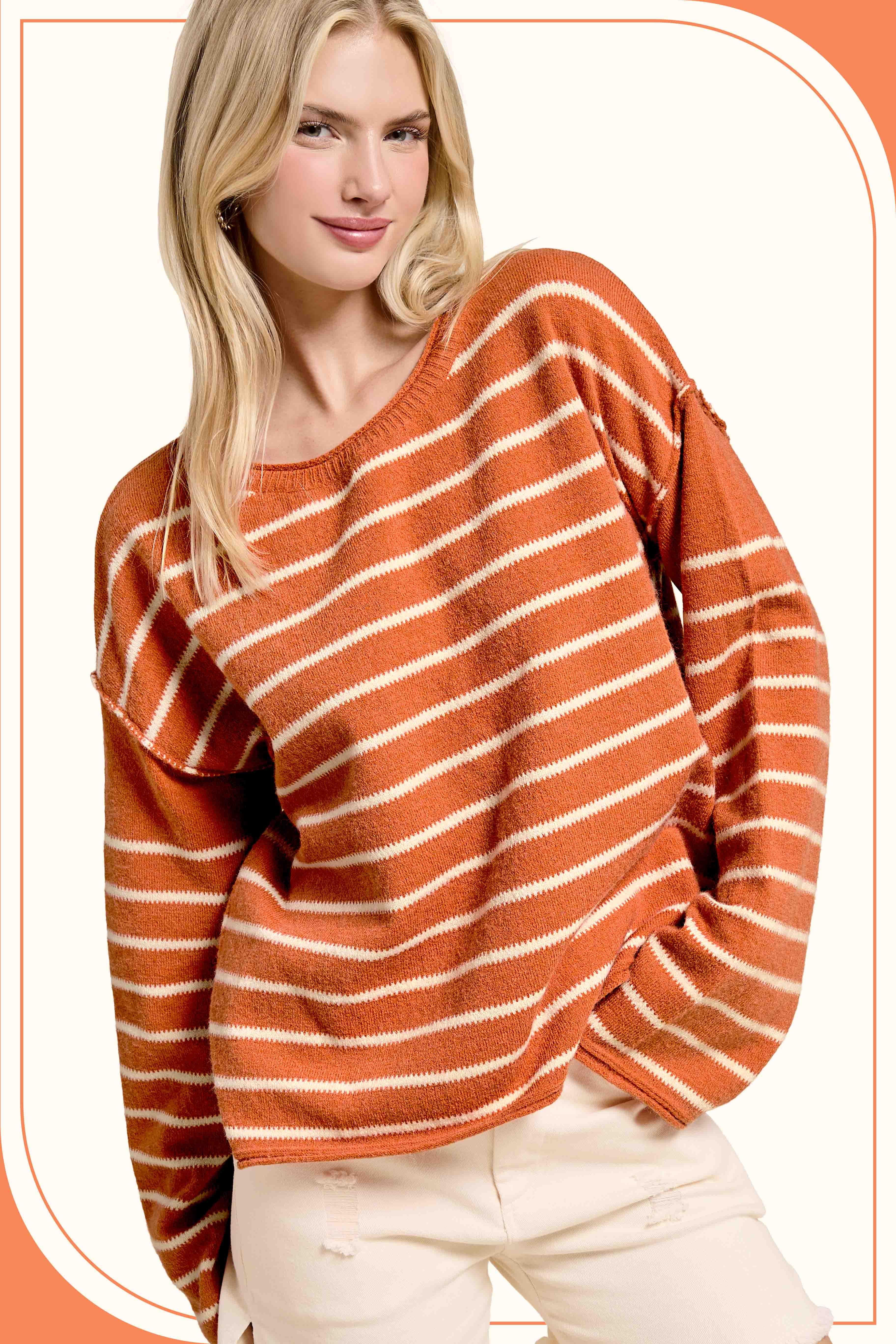 La Miel - Wholesale Knit Sweater - Women's - MCS3588-Striped Round Neck Loose Fit Long Sleeve Sweater0