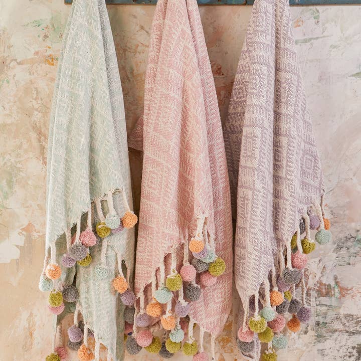 Pistachio PI Recycled Cotton Throw,with Pom Poms for wholesale on Faire0
