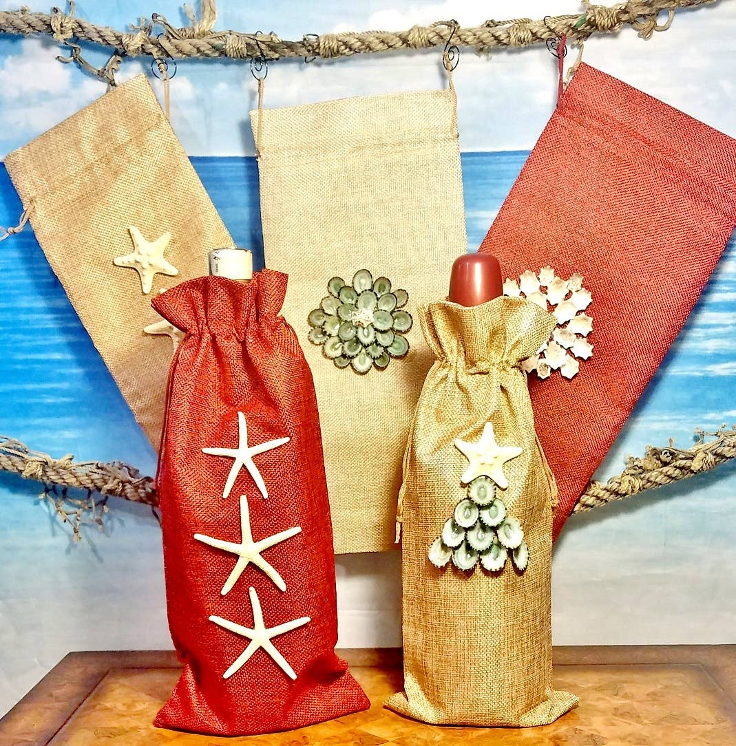 Shell We Sea Designs - Wholesale Wine Gift Bag - Seashell Tree WINE BAG Drawstring Burlap Tote Pouch Gift6