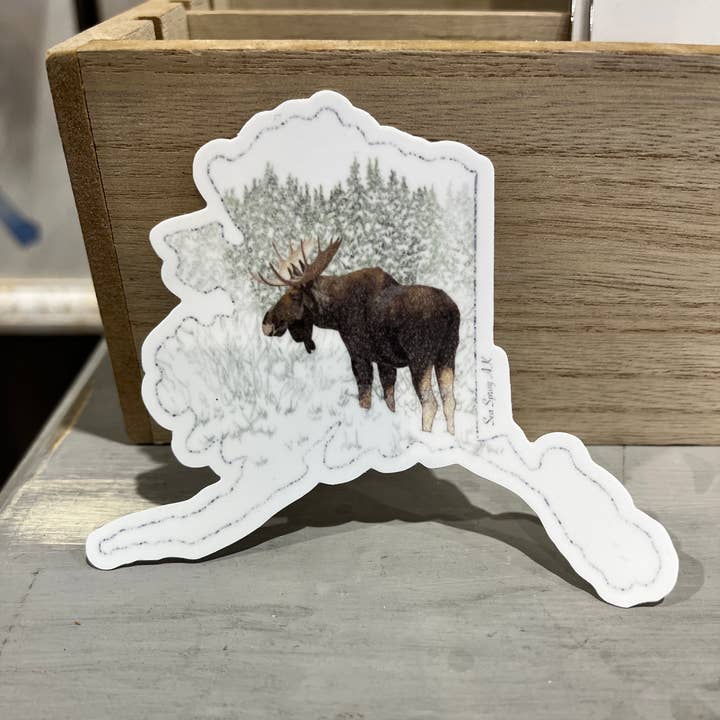 Alaska Moose Vinyl Sticker, Alaska State Map, Wildlife Art for wholesale by Sea Spray AK