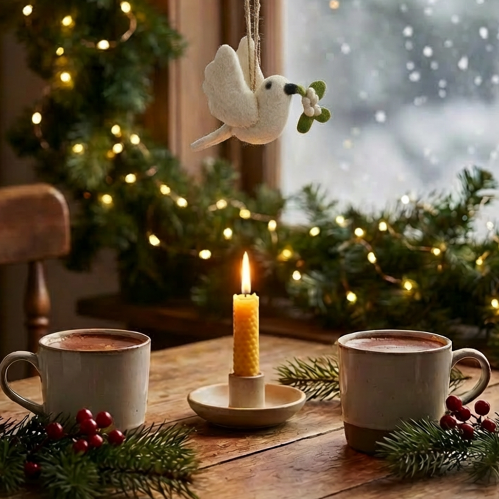 Felt So Good – Engroshandel Pynt – Håndlavet julepynt i filt: Due med mistelten til ophæng7