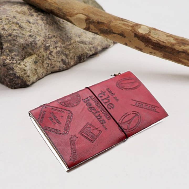 NOTEBOOK THE ADVENTUR BEGINS ~ Vegan vegetable tanned notebook. Study notebook, notes and sketches. for wholesale by Atisha Spiritual Shop