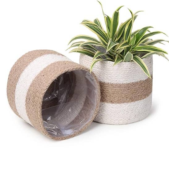 Jute Planters with Lining, 6.5" Set of 2, White/Natural Jute for wholesale by The Fine Living Company