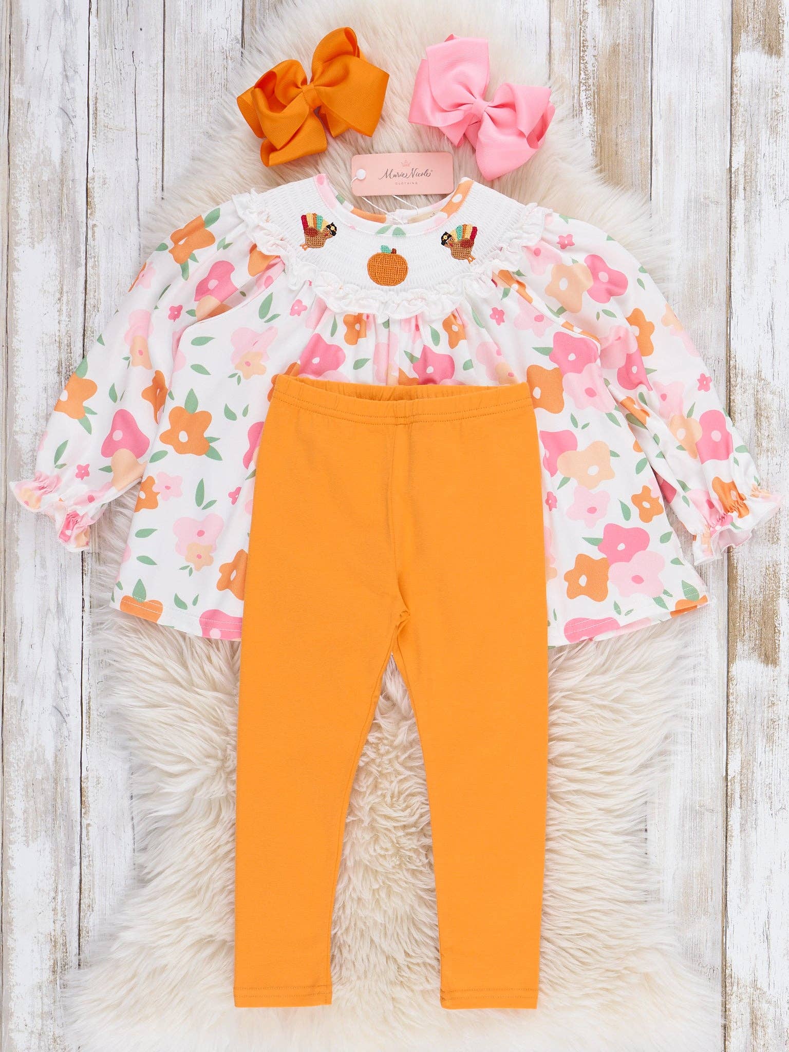 Marie Nicole Clothing - Wholesale Top & Leggings Set - Kids - Time For Turkey Smocked Outfit2