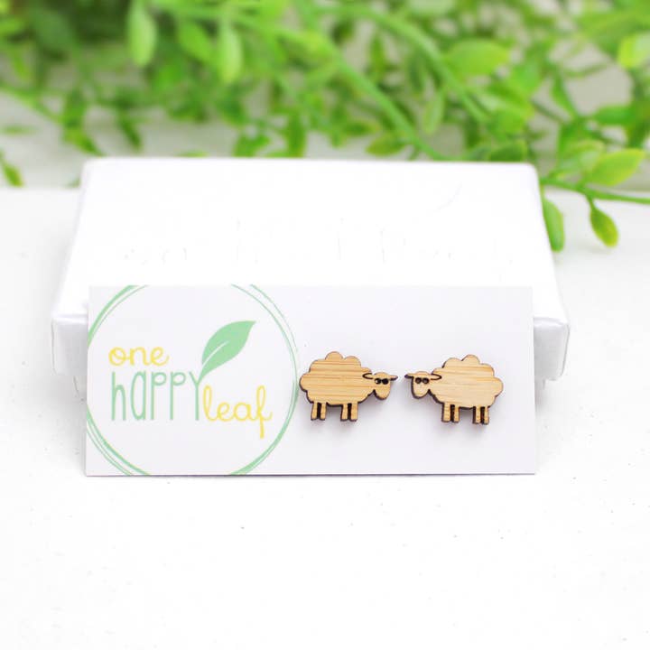 Sheep Stud Earrings, wooden earrings for wholesale by One Happy Leaf