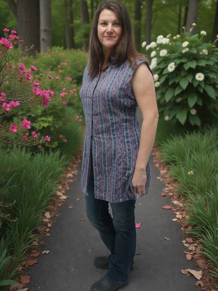 Tunique sans manches en coton imprimé à col Nehru boutonné pour la vente par KASHI INC