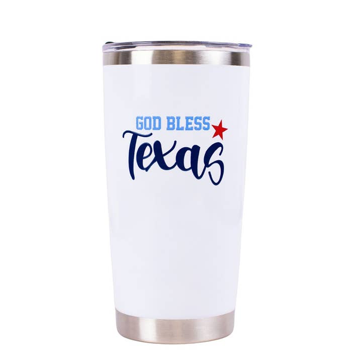God Bless Texas Tumbler White/Red/Blue 20oz. for wholesale by The Royal Standard
