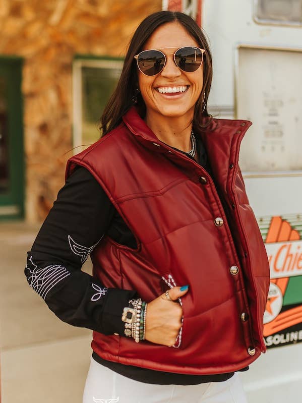 Burgundy Quilted Leather Bootstitch Crop Vest for wholesale by LUCKY & BLESSED