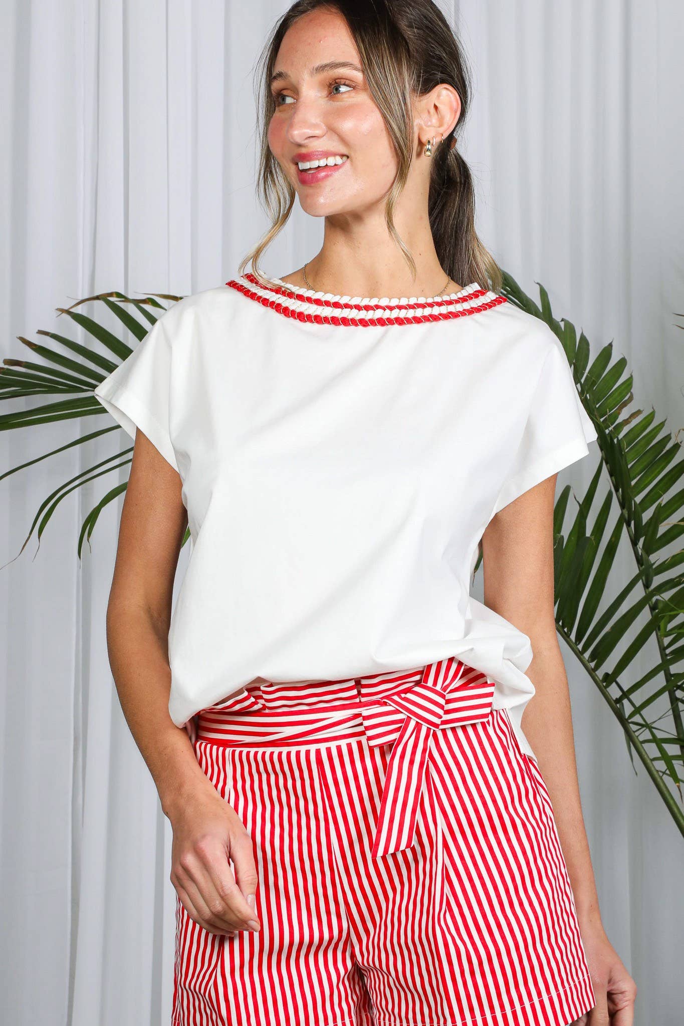 Vine & Love – wholesale Knit top – Women's – Braid Trim Round Neck Cotton Knit Top VT8239412