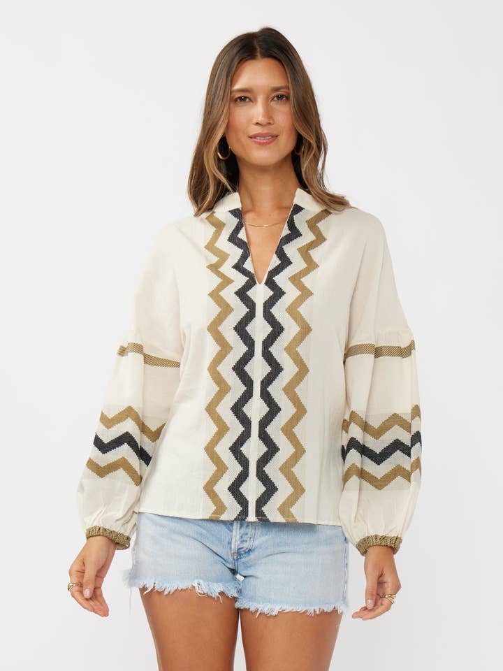 Natural Khaki Long Sleeve Cotton Jacquard Split-Neck Blouse for wholesale on Faire0