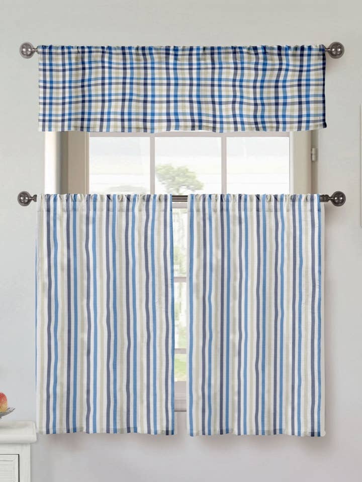 Juego de cortinas de cocina a rayas y cuadros con cenefa para venta al por mayor de Duck River