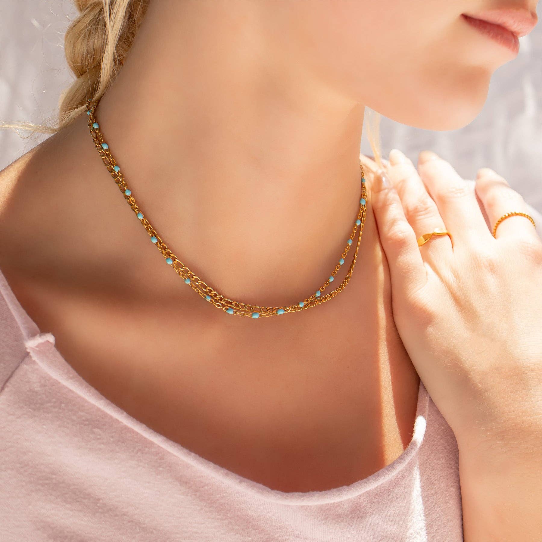 WJW – wholesale Kedjehalsband – 18K guldpläterat rostfritt stål halsband med turkosa pärlor4