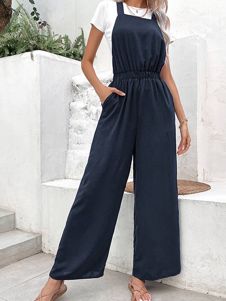 NAVY DRAWSTRING WAIST WOMEN JUMPSUIT WITH POCKETS_CWSJS0140 for wholesale on Faire