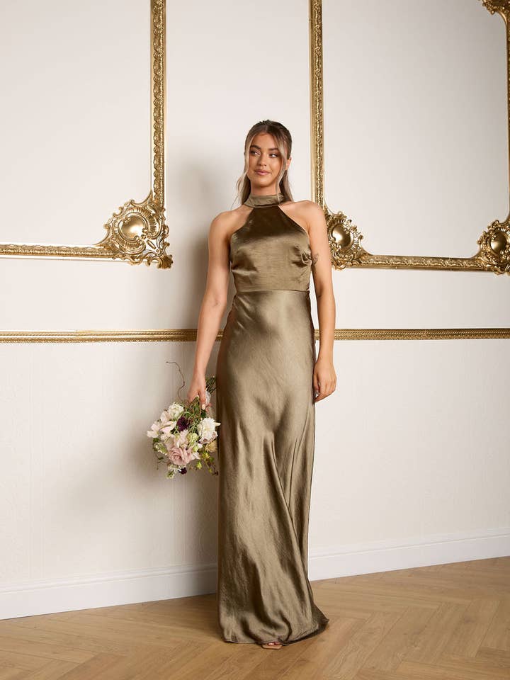 Halter Neck Satin Bridesmaid Dress - Dark Olive for wholesale by Six Stories