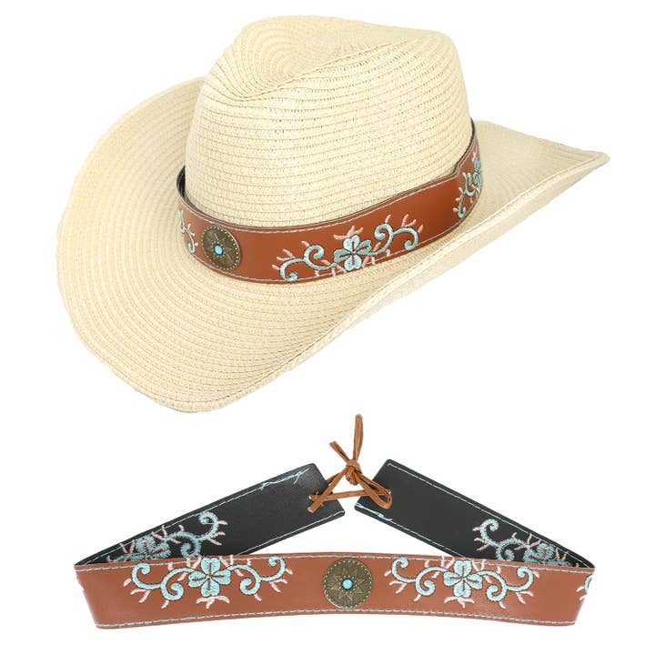 SP Sophia Collection - Wholesale Hat Accessory - Women's - Western Floral Embroidered Leather Hat Band